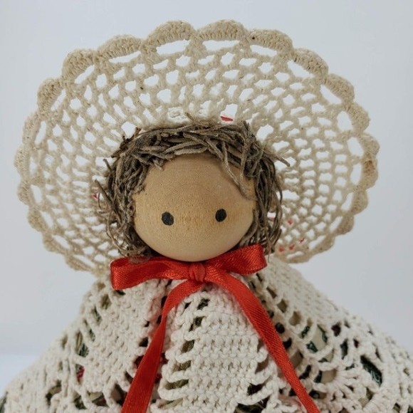 Handmade Wood and Crochet Doily Country Little Girl Doll - Picture 3 of 12